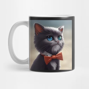 Elegant Grey Cat With an Orange Bow Tie | White and grey cat with blue eyes | Digital art Sticker Mug